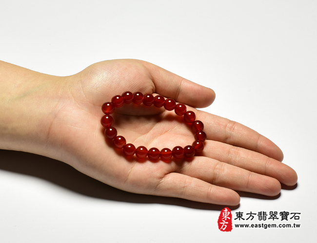 紅瑪瑙珠串手鍊大小示意圖照片   紅瑪瑙手鍊(紅瑪瑙珠子，珠徑約8.5mm，21顆珠，OML327) 客製化設計各種紅瑪瑙珠串、紅瑪瑙珠子、紅瑪瑙手鍊、紅瑪瑙手珠。★附東方翡翠寶石保證卡