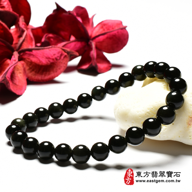 炫彩黑曜石珠串手鍊右側照片   炫彩黑曜石手珠(炫彩黑曜石珠子，珠徑約6mm，26顆珠，OBS019) 客製化設計各種炫彩黑曜石珠串、炫彩黑曜石珠子、炫彩黑曜石手鍊、炫彩黑曜石手珠。★附東方翡翠寶石保證卡