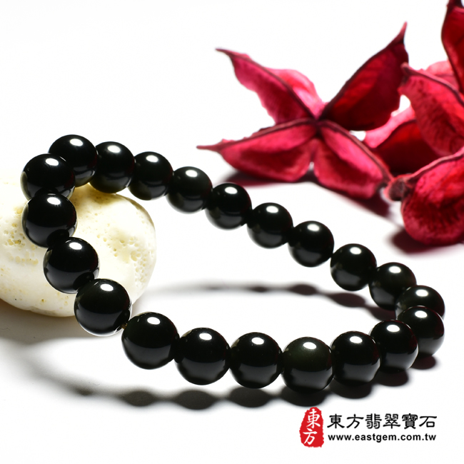 炫彩黑曜石珠串手鍊左側照片   炫彩黑曜石手珠(炫彩黑曜石珠子，珠徑約8mm，22顆珠，OBS029) 客製化設計各種炫彩黑曜石珠串、炫彩黑曜石珠子、炫彩黑曜石手鍊、炫彩黑曜石手珠。★附東方翡翠寶石保證卡