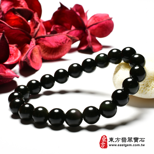 炫彩黑曜石珠串手鍊右側照片   炫彩黑曜石手珠(炫彩黑曜石珠子，珠徑約8mm，22顆珠，OBS032) 客製化設計各種炫彩黑曜石珠串、炫彩黑曜石珠子、炫彩黑曜石手鍊、炫彩黑曜石手珠。★附東方翡翠寶石保證卡