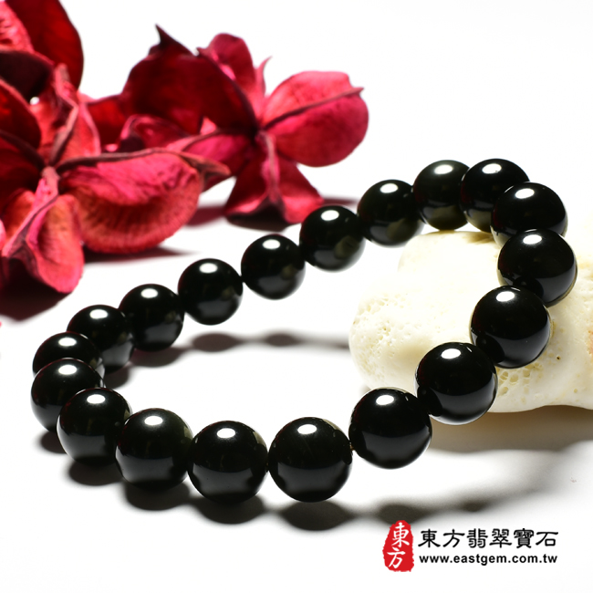 炫彩黑曜石珠串手鍊右側照片   炫彩黑曜石手珠(炫彩黑曜石珠子，珠徑約10mm，19顆珠，OBS045) 客製化設計各種炫彩黑曜石珠串、炫彩黑曜石珠子、炫彩黑曜石手鍊、炫彩黑曜石手珠。★附東方翡翠寶石保證卡