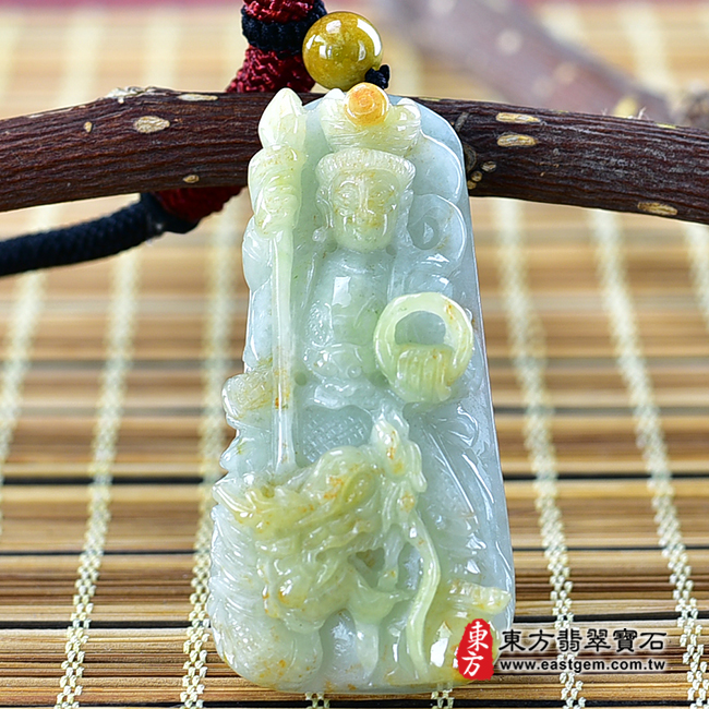 翡翠乘龍三太子項鍊玉珮（中壇元帥、哪吒、乘龍三太子：哪吒三太子牌A貨翡翠三太子玉珮、緬甸玉哪吒三太子玉墜）。淺綠色帶黃翡糯種三太子，TT117。客製化訂做各種翡翠哪吒三太子吊墜玉珮項鍊。★附A貨翡翠雙證書