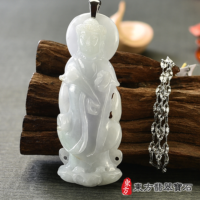 正面翡翠觀音項鍊玉珮（觀世音菩薩：觀音牌A貨翡翠觀音玉珮、緬甸玉觀世音菩薩玉墜）。糯種淡綠加紫觀世音菩薩，GY1504。客製化訂做各種翡翠觀音吊墜玉珮項鍊。★附A貨翡翠雙證書