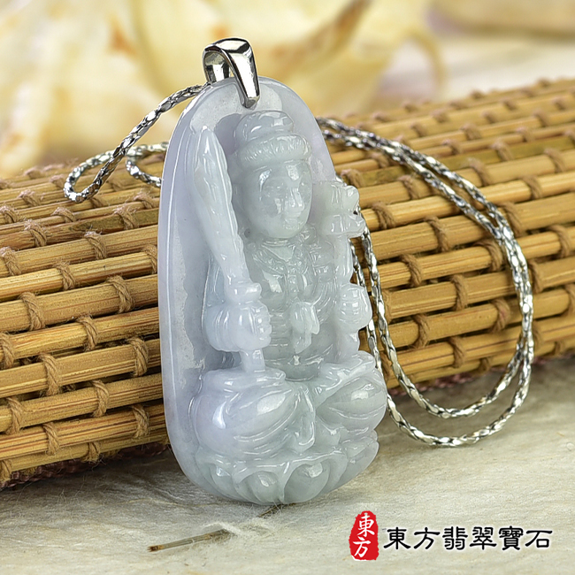 左側翡翠虛空藏菩薩項鍊玉珮（虛空藏菩薩：虛空藏菩薩牌A貨翡翠虛空藏菩薩玉珮、緬甸玉虛空藏菩薩玉墜）。綠色紫色糯種翡翠虛空藏菩薩，GY1483。客製化訂做各種翡翠虛空藏菩薩吊墜玉珮項鍊。★附A貨翡翠雙證書