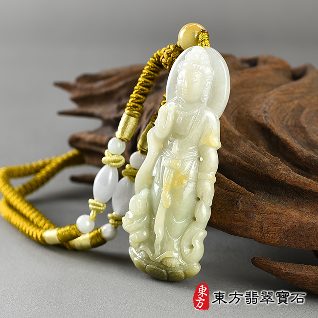 右側翡翠觀音項鍊玉珮（觀世音菩薩、送子觀音：觀音牌A貨翡翠觀音玉珮、緬甸玉觀世音菩薩玉墜）。黃色糯種翡翠觀音，GY1709。客製化訂做各種翡翠觀音吊墜玉珮項鍊。★附A貨翡翠雙證書