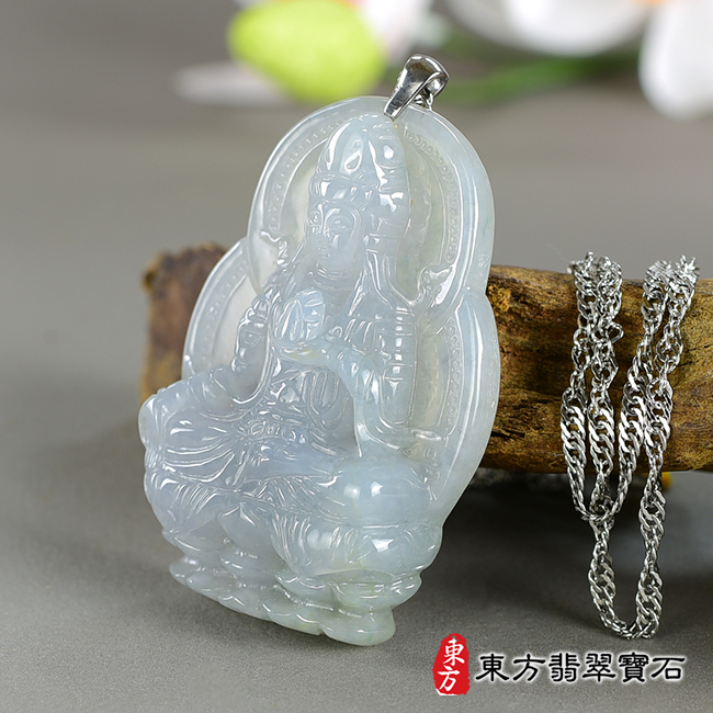 右側翡翠觀音項鍊玉珮（觀世音菩薩：觀音牌A貨翡翠觀音玉珮、緬甸玉觀世音菩薩玉墜）。紫色糯種翡翠觀音，GY1713。客製化訂做各種翡翠觀音吊墜玉珮項鍊。★附A貨翡翠雙證書