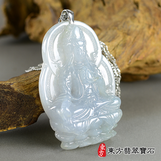 左側翡翠觀音項鍊玉珮（觀世音菩薩：觀音牌A貨翡翠觀音玉珮、緬甸玉觀世音菩薩玉墜）。紫色糯種翡翠觀音，GY1713。客製化訂做各種翡翠觀音吊墜玉珮項鍊。★附A貨翡翠雙證書