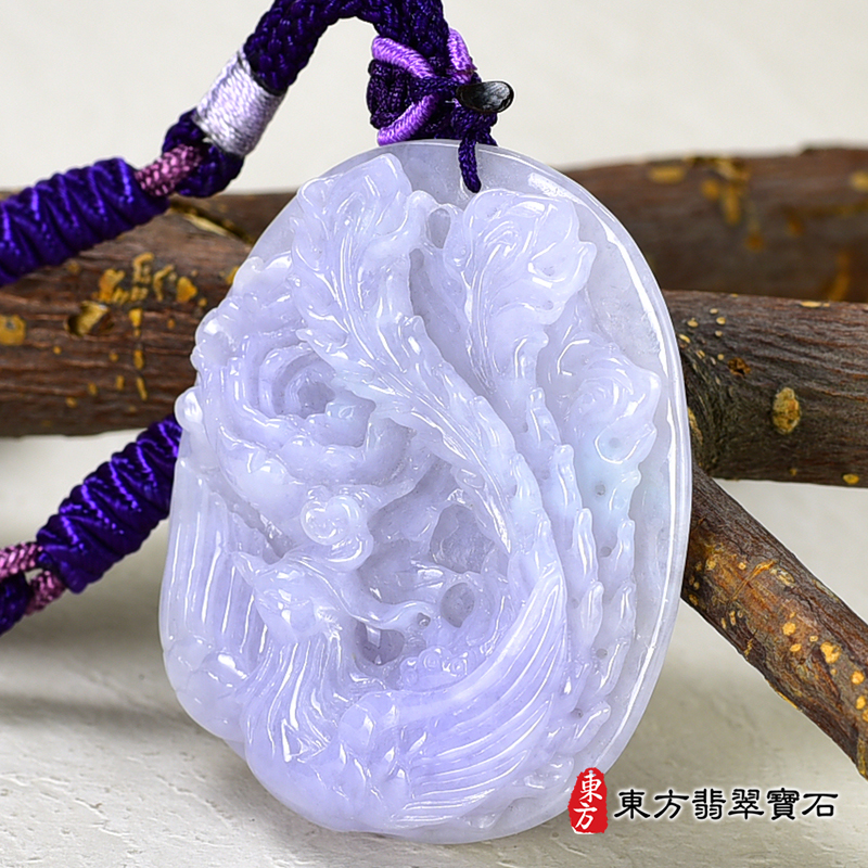 右側翡翠鳳凰項鍊玉珮（鳴鳳朝陽：鳳凰牌A貨翡翠鳳凰玉珮、緬甸玉鳳凰玉墜）。糯種紫羅蘭，FH059。客製化訂做各種翡翠鳳凰吊墜玉珮項鍊。★附A貨翡翠雙證書