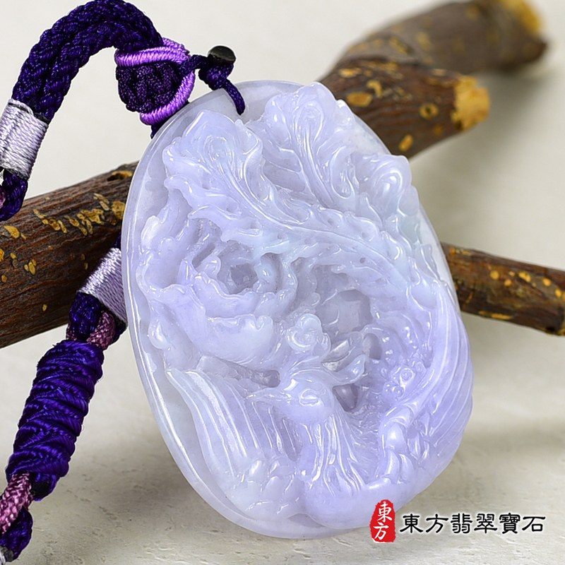 左側翡翠鳳凰項鍊玉珮（鳴鳳朝陽：鳳凰牌A貨翡翠鳳凰玉珮、緬甸玉鳳凰玉墜）。糯種紫羅蘭，FH059。客製化訂做各種翡翠鳳凰吊墜玉珮項鍊。★附A貨翡翠雙證書