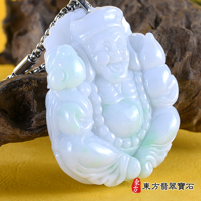 左側翡翠彌勒佛項鍊玉珮（彌勒佛：彌勒佛牌A貨翡翠彌勒佛玉珮、緬甸玉彌勒佛玉墜）。綠色糯種彌勒佛，ML268。客製化訂做各種翡翠彌勒佛吊墜玉珮項鍊。★附A貨翡翠雙證書
