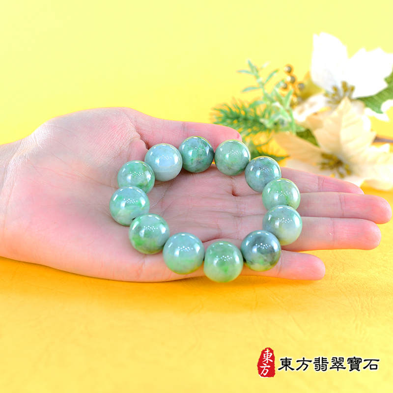 大小花青種翡翠手鍊，花青種緬甸玉手鍊（花青種翡翠珠子、綠色，珠徑約16.5mm，OGF031）。客製化設計各種翡翠珠串、翡翠珠子、緬甸玉手鍊、緬甸玉珠串、緬甸玉珠子、緬甸玉手珠。★附A貨翡翠雙證書