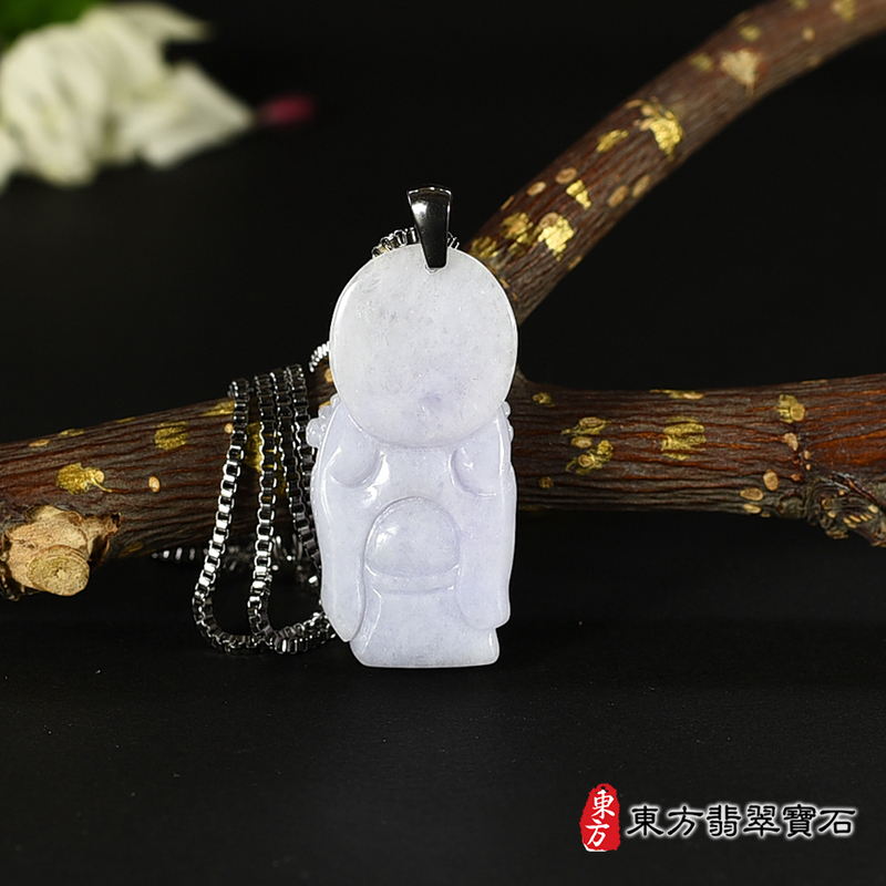 背面翡翠福德正神土地公財神爺項鍊玉珮（福德正神土地公財神爺：福德正神土地公財神爺牌A貨翡翠福德正神土地公財神爺玉珮、緬甸玉福德正神土地公財神爺玉墜）。紫色糯種福德正神土地公財神爺，CG031。客製化訂做各種翡翠福德正神土地公財神爺吊墜玉珮項鍊。★附A貨翡翠雙證書