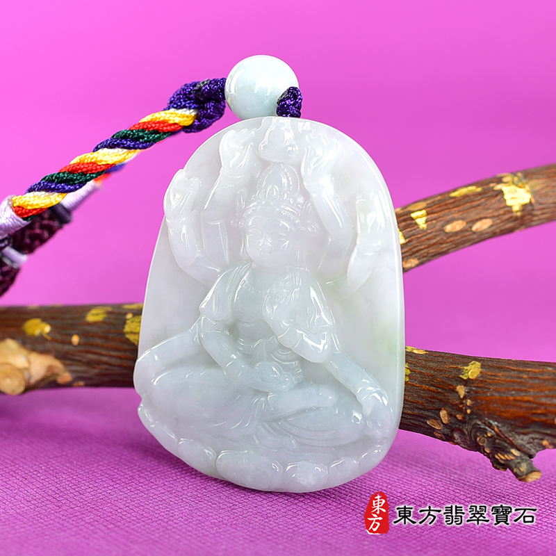 右側翡翠千手觀音項鍊玉珮（千手觀音：千手觀音牌A貨翡翠千手觀音玉珮、緬甸玉千手觀音玉墜）。綠色糯種千手觀音，LH265。客製化訂做各種翡翠千手觀音吊墜玉珮項鍊。★附A貨翡翠雙證書