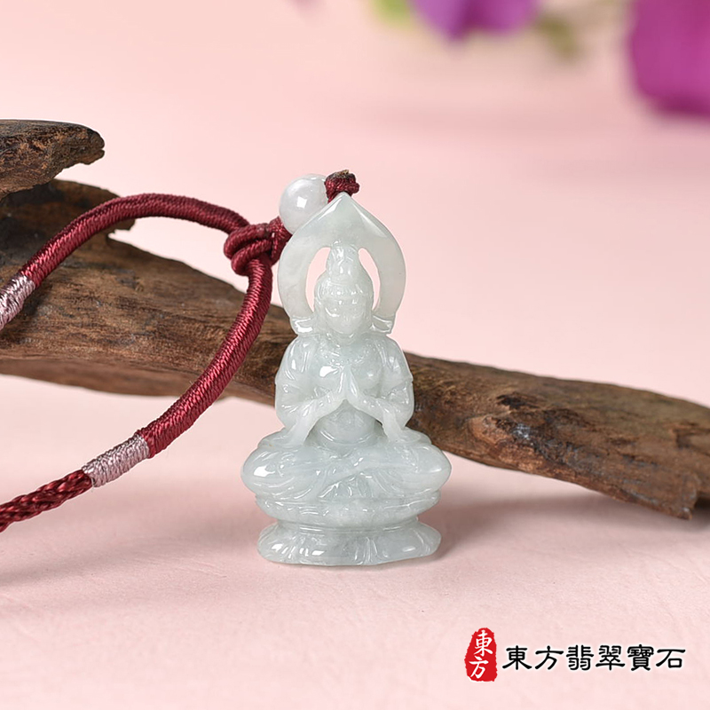 正面翡翠合掌觀音項鍊玉珮（觀世音菩薩：觀音牌A貨翡翠觀音玉珮、緬甸玉觀世音菩薩玉墜）。綠色糯種合掌觀音，GY1980。客製化訂做各種翡翠觀音吊墜玉珮項鍊。★附A貨翡翠雙證書
