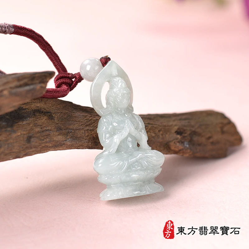 左側翡翠合掌觀音項鍊玉珮（觀世音菩薩：觀音牌A貨翡翠觀音玉珮、緬甸玉觀世音菩薩玉墜）。綠色糯種合掌觀音，GY1980。客製化訂做各種翡翠觀音吊墜玉珮項鍊。★附A貨翡翠雙證書