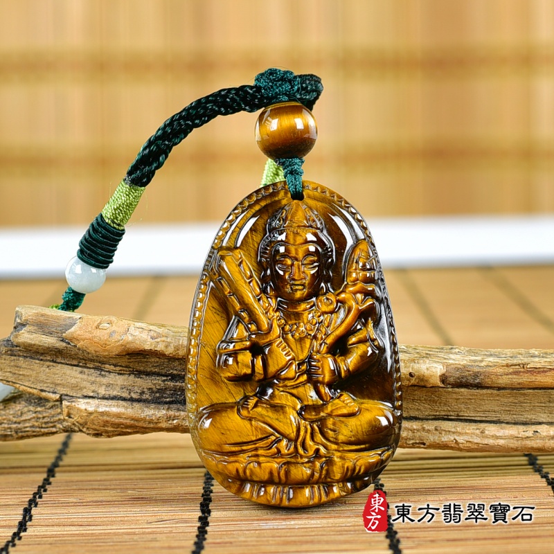 正面-x虎眼石虛空藏菩薩項鍊玉珮（虛空藏菩薩：虛空藏菩薩牌虎眼石虛空藏菩薩玉珮、虎眼石虛空藏菩薩玉墜）虎眼石虛空藏菩薩，GY1999。客製化訂做各種虎眼石虛空藏菩薩吊墜玉珮項鍊。★附東方翡翠寶石保證卡