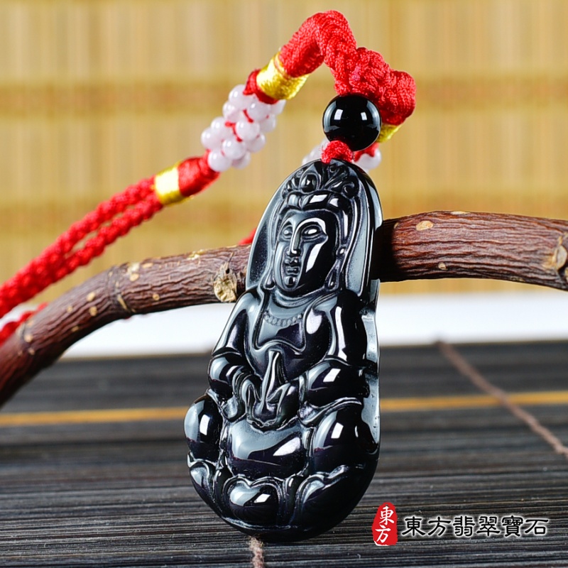 右側-金曜石寶瓶觀音項鍊玉珮（觀世音菩薩：觀音金曜石觀音玉珮、金曜石觀世音菩薩玉墜）。金曜石觀音，GY2009。客製化訂做各種金曜石觀音吊墜玉珮項鍊。★附A貨翡翠雙證書