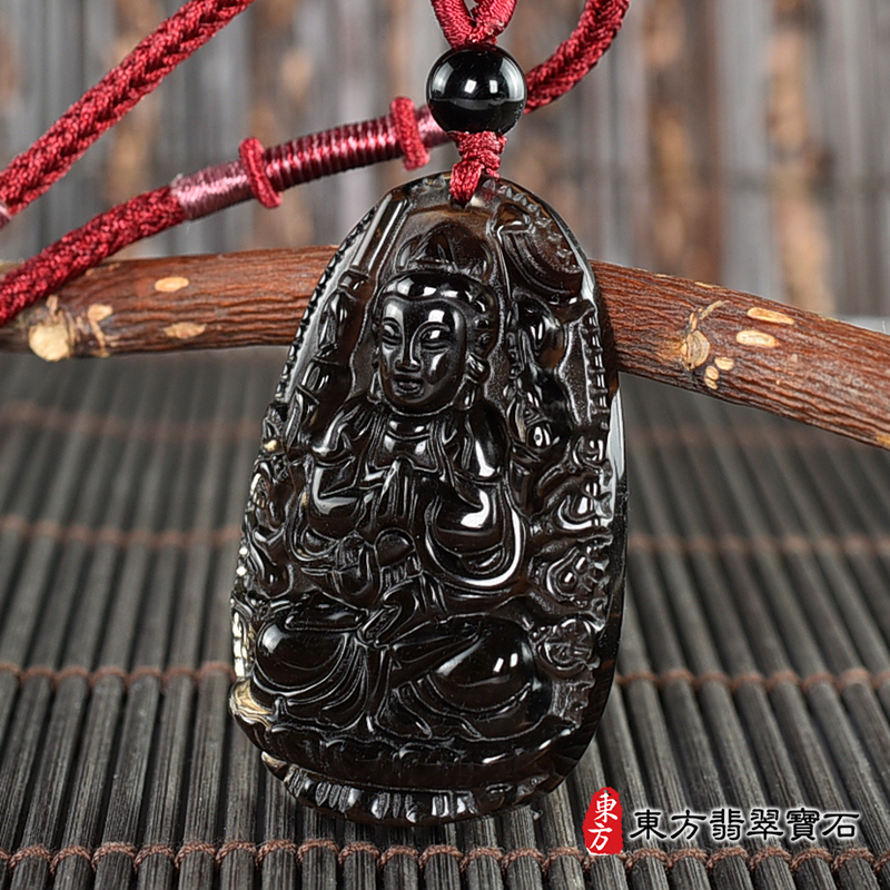 右側黑曜石千手觀音項鍊玉珮（千手觀音：千手觀音牌黑曜石千手觀音玉珮、黑曜石千手觀音玉墜）。千手觀音，LH287。客製化訂做各種黑曜石千手觀音吊墜玉珮項鍊。★附東方翡翠寶石保證卡