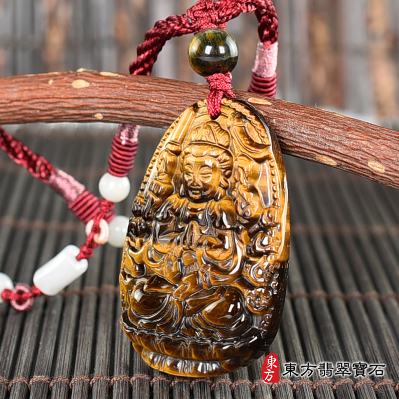 右側虎眼石千手觀音項鍊玉珮（千手觀音：千手觀音牌虎眼石千手觀音玉珮、千手觀音玉墜）。千手觀音，LH296。客製化訂做各種虎眼石千手觀音吊墜玉珮項鍊。★附東方翡翠寶石保證卡
