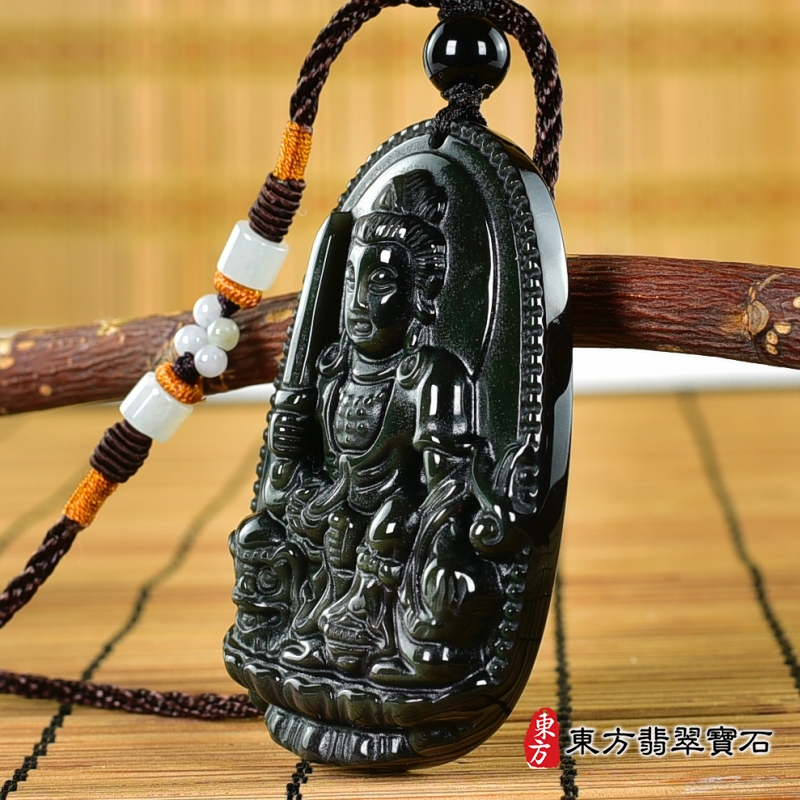 右側-金曜石文殊菩薩項鍊玉珮（文殊菩薩：文殊菩薩牌金曜石文殊菩薩玉珮、金曜石文殊菩薩玉墜）。金曜石文殊菩薩，WS193。客製化訂做各種金曜石文殊菩薩吊墜玉珮項鍊。★附東方翡翠寶石保證卡