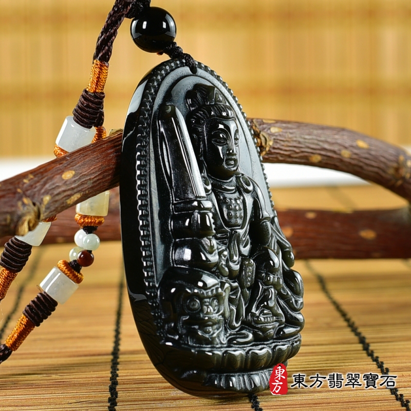 左側-金曜石文殊菩薩項鍊玉珮（文殊菩薩：文殊菩薩牌金曜石文殊菩薩玉珮、金曜石文殊菩薩玉墜）。金曜石文殊菩薩，WS193。客製化訂做各種金曜石文殊菩薩吊墜玉珮項鍊。★附東方翡翠寶石保證卡