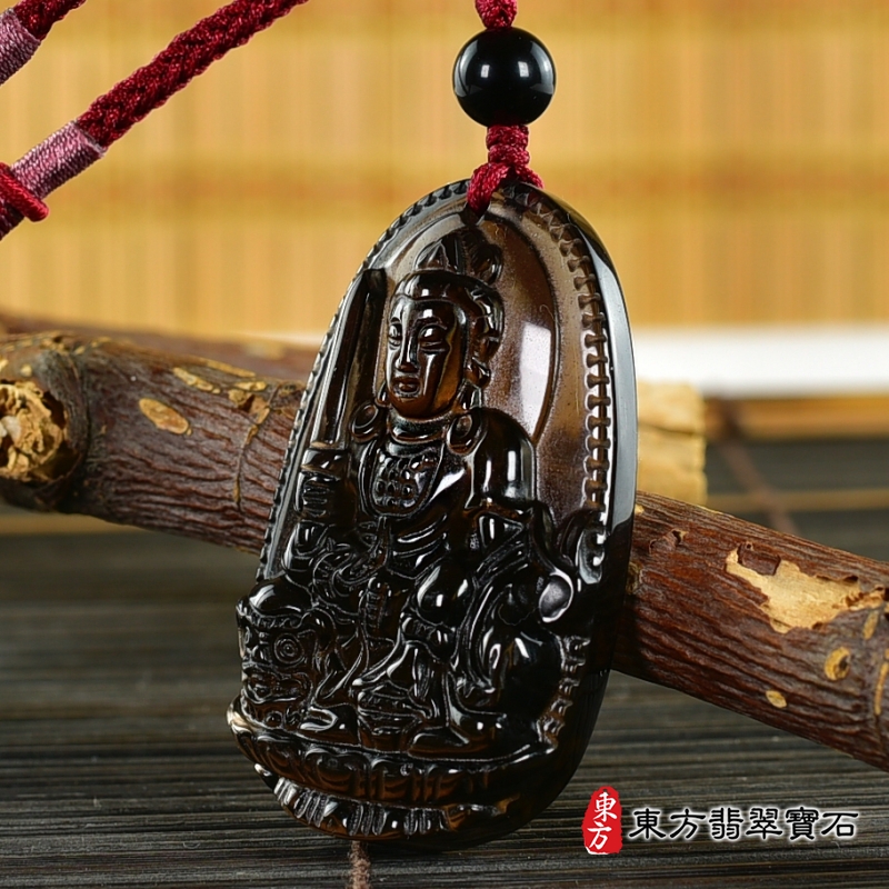 右側-黑曜石文殊菩薩項鍊玉珮（文殊菩薩：文殊菩薩牌黑曜石文殊菩薩玉珮、黑曜石文殊菩薩玉墜）。黑曜石文殊菩薩，WS194。客製化訂做各種黑曜石文殊菩薩吊墜玉珮項鍊。★附東方翡翠寶石保證卡