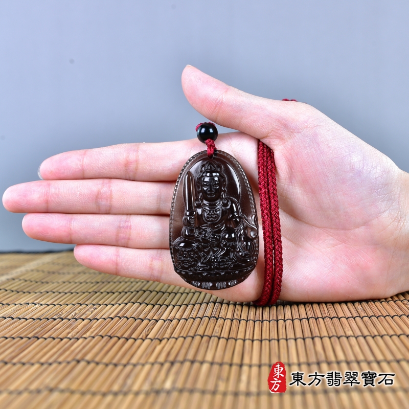 大小-黑曜石文殊菩薩項鍊玉珮（文殊菩薩：文殊菩薩牌黑曜石文殊菩薩玉珮、黑曜石文殊菩薩玉墜）。黑曜石文殊菩薩，WS194。客製化訂做各種黑曜石文殊菩薩吊墜玉珮項鍊。★附東方翡翠寶石保證卡