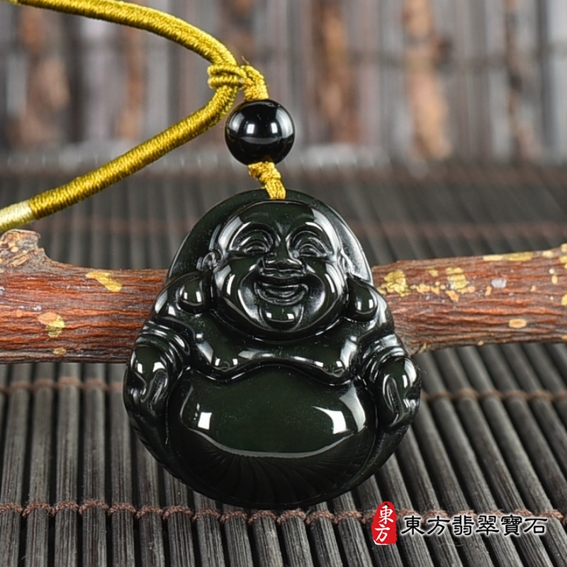 正面-金曜石彌勒佛項鍊玉珮（彌勒佛：彌勒佛牌金曜石彌勒佛玉珮、金曜石彌勒佛玉墜）。金曜石彌勒佛，ML323。客製化訂做各種金曜石彌勒佛吊墜玉珮項鍊。★附東方翡翠寶石保證卡