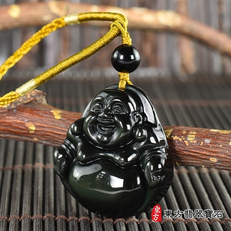 右側-金曜石彌勒佛項鍊玉珮（彌勒佛：彌勒佛牌金曜石彌勒佛玉珮、金曜石彌勒佛玉墜）。金曜石彌勒佛，ML323。客製化訂做各種金曜石彌勒佛吊墜玉珮項鍊。★附東方翡翠寶石保證卡