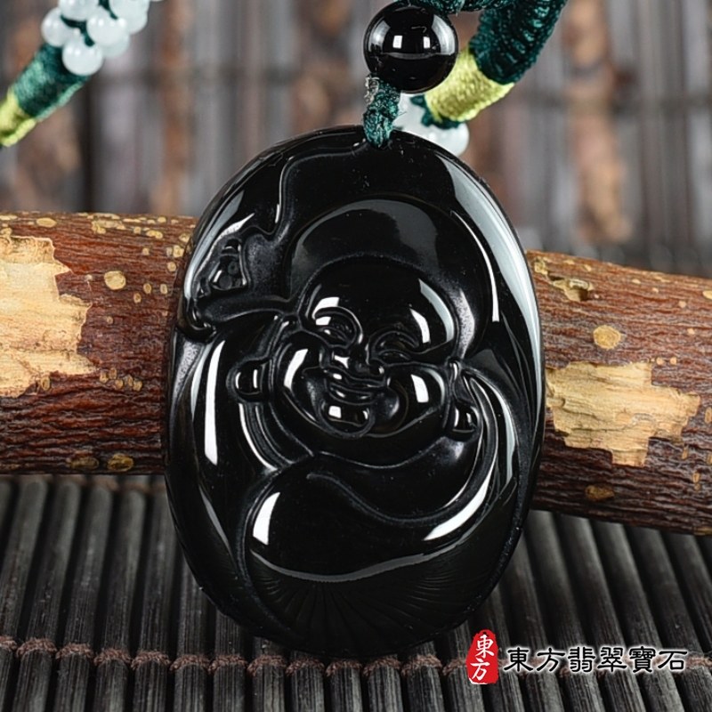 正面-金曜石彌勒佛項鍊玉珮（彌勒佛：彌勒佛牌金曜石彌勒佛玉珮、金曜石彌勒佛玉墜）。金曜石彌勒佛，ML326。客製化訂做各種金曜石彌勒佛吊墜玉珮項鍊。★附東方翡翠寶石保證卡