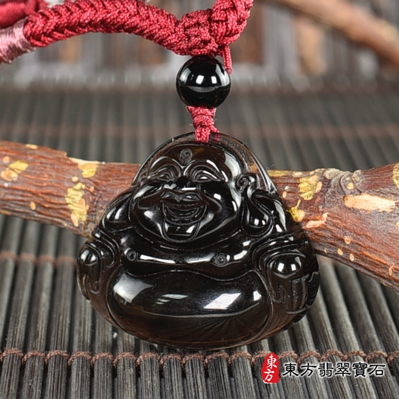 右側-黑曜石彌勒佛項鍊玉珮（彌勒佛：彌勒佛牌黑曜石彌勒佛玉珮、黑曜石彌勒佛玉墜）。黑曜石彌勒佛，ML327。客製化訂做各種黑曜石彌勒佛吊墜玉珮項鍊。★附東方翡翠寶石保證卡