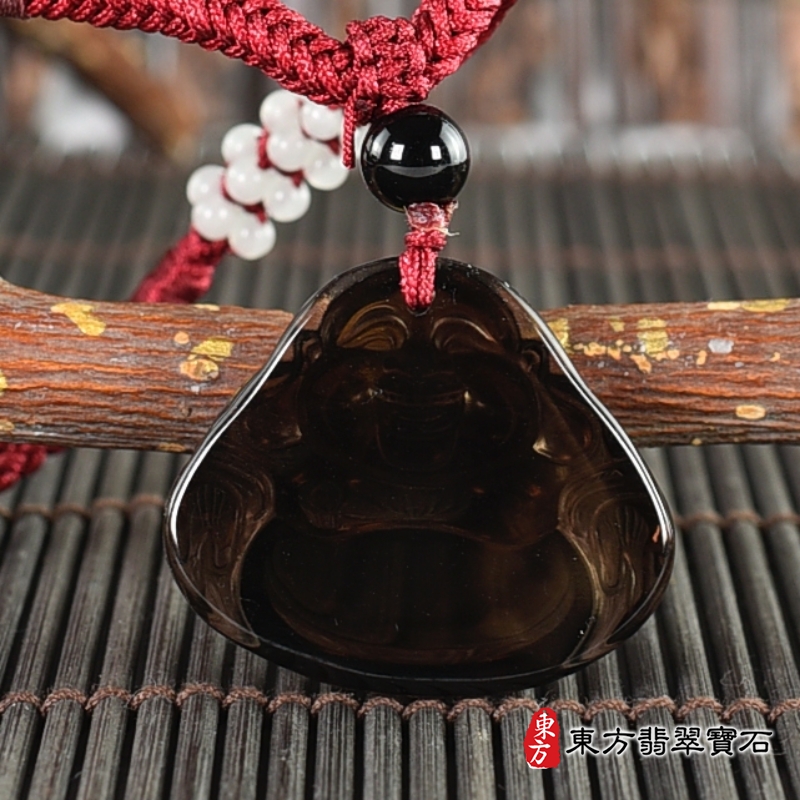 背面-黑曜石彌勒佛項鍊玉珮（彌勒佛：彌勒佛牌黑曜石彌勒佛玉珮、黑曜石彌勒佛玉墜）。黑曜石彌勒佛，ML327。客製化訂做各種黑曜石彌勒佛吊墜玉珮項鍊。★附東方翡翠寶石保證卡