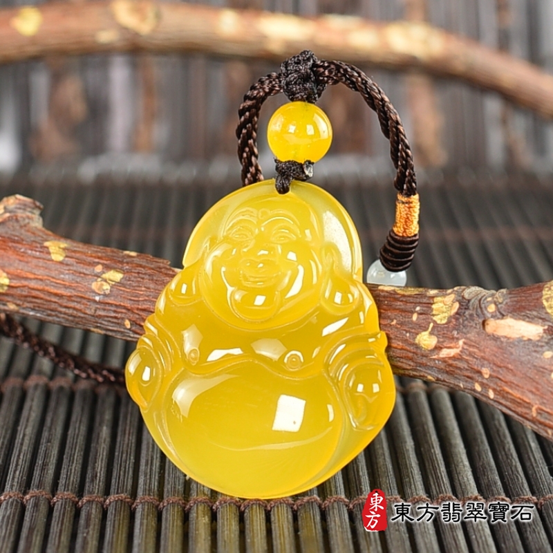 右側-瑪瑙彌勒佛項鍊玉珮（彌勒佛：彌勒佛牌瑪瑙彌勒佛玉珮、玉髓彌勒佛玉墜）。黃瑪瑙玉髓彌勒佛，ML329。客製化訂做各種瑪瑙玉髓彌勒佛吊墜玉珮項鍊。★附東方翡翠寶石保證卡