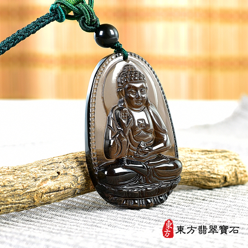 左側黑曜石阿彌陀佛項鍊玉珮（阿彌陀佛：阿彌陀佛牌黑曜石阿彌陀佛玉珮、黑曜石阿彌陀佛玉墜）。黑曜石阿彌陀佛，FD744。客製化訂做各種黑曜石阿彌陀佛吊墜玉珮項鍊。★附東方翡翠寶石保證卡