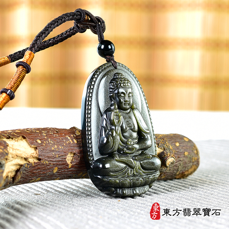 左側金曜石阿彌陀佛項鍊玉珮（阿彌陀佛：阿彌陀佛牌金曜石阿彌陀佛玉珮、金曜石阿彌陀佛玉墜）。金曜石阿彌陀佛，FD746。客製化訂做各種金曜石阿彌陀佛吊墜玉珮項鍊。★附東方翡翠寶石保證卡