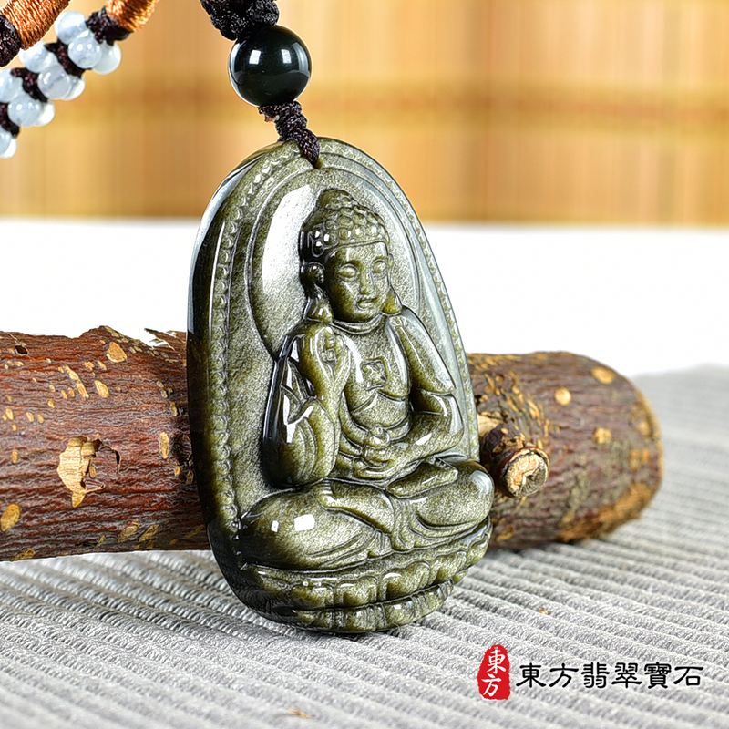 左側金曜石阿彌陀佛項鍊玉珮（阿彌陀佛：阿彌陀佛牌金曜石阿彌陀佛玉珮、金曜石阿彌陀佛玉墜）。金曜石阿彌陀佛，FD747。客製化訂做各種金曜石阿彌陀佛吊墜玉珮項鍊。★附東方翡翠寶石保證卡