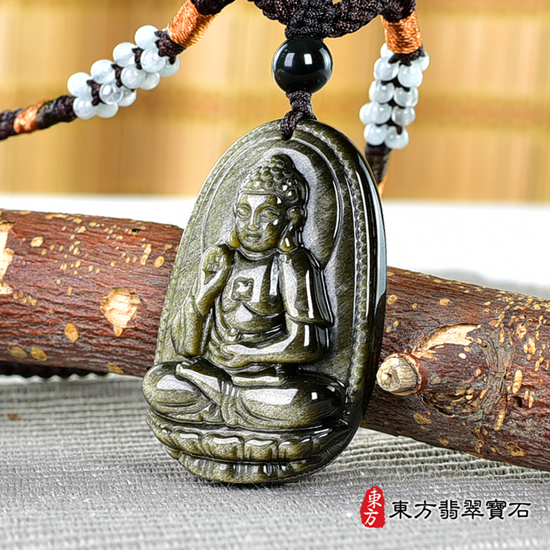 右側金曜石阿彌陀佛項鍊玉珮（阿彌陀佛：阿彌陀佛牌金曜石阿彌陀佛玉珮、金曜石阿彌陀佛玉墜）。金曜石阿彌陀佛，FD747。客製化訂做各種金曜石阿彌陀佛吊墜玉珮項鍊。★附東方翡翠寶石保證卡