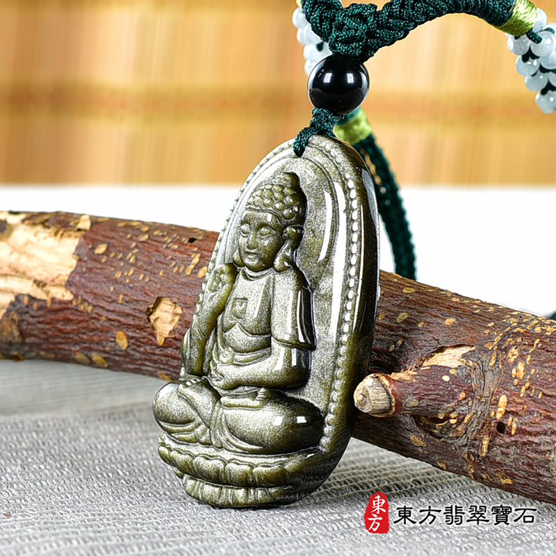右側金曜石阿彌陀佛項鍊玉珮（阿彌陀佛：阿彌陀佛牌金曜石阿彌陀佛玉珮、金曜石阿彌陀佛玉墜）。金曜石阿彌陀佛，FD748。客製化訂做各種金曜石阿彌陀佛吊墜玉珮項鍊。★附東方翡翠寶石保證卡