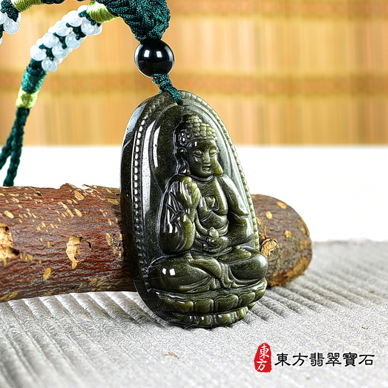 左側金曜石阿彌陀佛項鍊玉珮（阿彌陀佛：阿彌陀佛牌金曜石阿彌陀佛玉珮、金曜石阿彌陀佛玉墜）。金曜石阿彌陀佛，FD748。客製化訂做各種金曜石阿彌陀佛吊墜玉珮項鍊。★附東方翡翠寶石保證卡