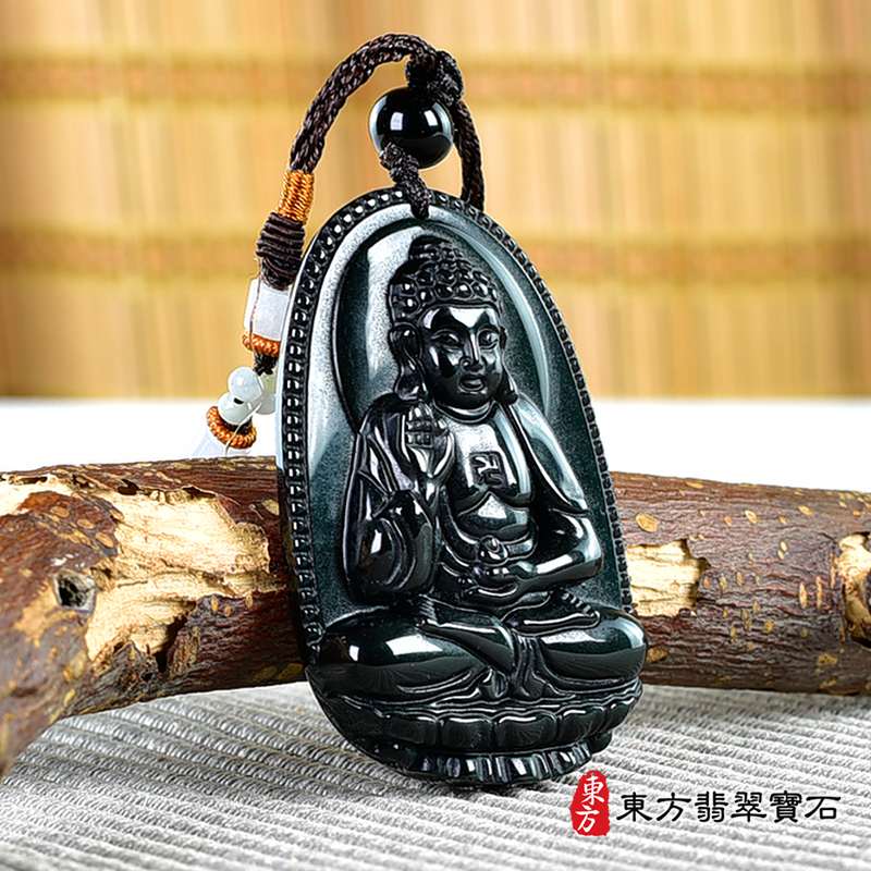 左側金曜石阿彌陀佛項鍊玉珮（阿彌陀佛：阿彌陀佛牌金曜石阿彌陀佛玉珮、金曜石阿彌陀佛玉墜）。金曜石阿彌陀佛，FD749。客製化訂做各種金曜石阿彌陀佛吊墜玉珮項鍊。★附東方翡翠寶石保證卡