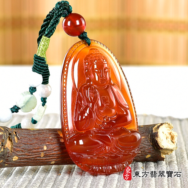 左側紅瑪瑙阿彌陀佛項鍊玉珮（阿彌陀佛：阿彌陀佛牌虎眼石阿彌陀佛玉珮、虎眼石阿彌陀佛玉墜）。虎眼石阿彌陀佛，FD750。客製化訂做各種虎眼石阿彌陀佛吊墜玉珮項鍊。★附東方翡翠寶石保證卡