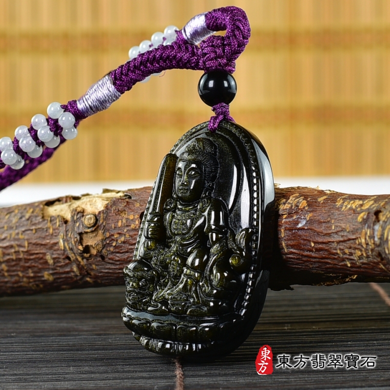 右側-金曜石文殊菩薩項鍊玉珮（文殊菩薩：文殊菩薩牌金曜石文殊菩薩玉珮、金曜石文殊菩薩玉墜）。金曜石文殊菩薩，WS192。客製化訂做各種金曜石文殊菩薩吊墜玉珮項鍊。★附東方翡翠寶石保證卡