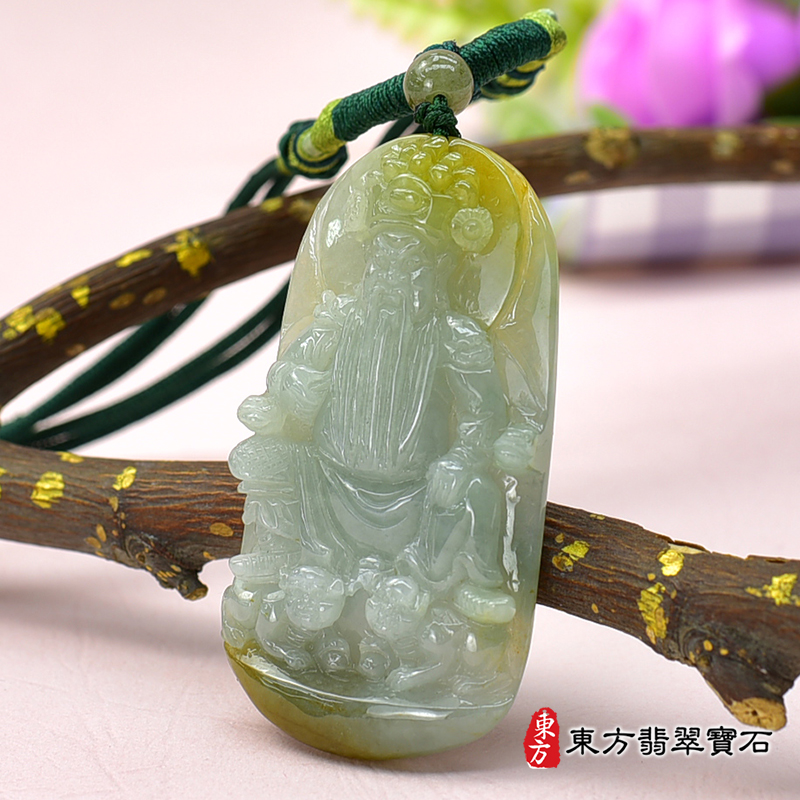 右側（已出售勿下標，可訂做）翡翠池府王爺項鍊玉珮（池府王爺：池府王爺牌A貨翡翠池府王爺玉珮、緬甸玉池府王爺玉墜）。糯種淡綠色帶黃池府王爺，KN232。客製化訂做各種翡翠池府王爺吊墜玉珮項鍊。★附A貨翡翠雙證書