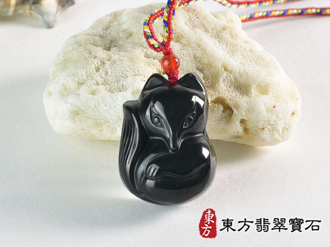 金曜石狐狸項鍊玉珮(狐狸、招財、人緣、桃花,狐仙:狐狸牌金曜石狐狸玉珮、金曜石狐狸玉墜、)。金曜石狐狸,FX077。客製化訂做各種金曜石狐狸吊墜玉珮項鍊。★附東方翡翠寶石保證 0.jpg