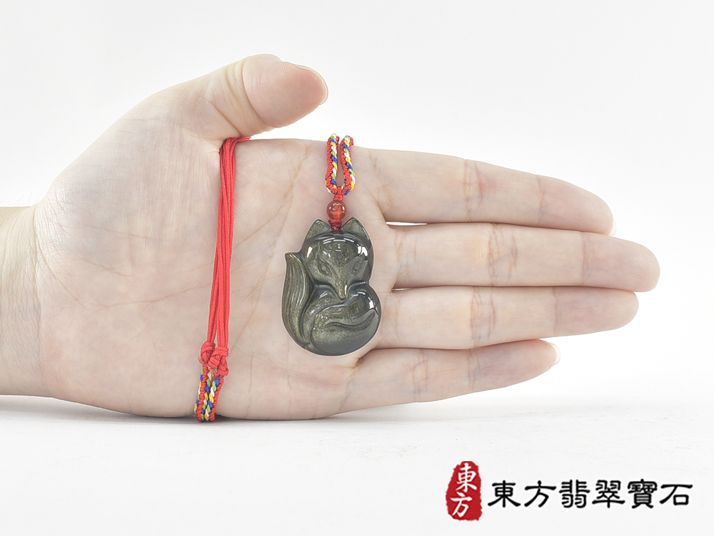 金曜石狐狸項鍊玉珮(狐狸、招財、人緣、桃花,狐仙:狐狸牌金曜石狐狸玉珮、金曜石狐狸玉墜、)。金曜石狐狸,FX078。客製化訂做各種金曜石狐狸吊墜玉珮項鍊。★附東方翡翠寶石保證 5.jpg