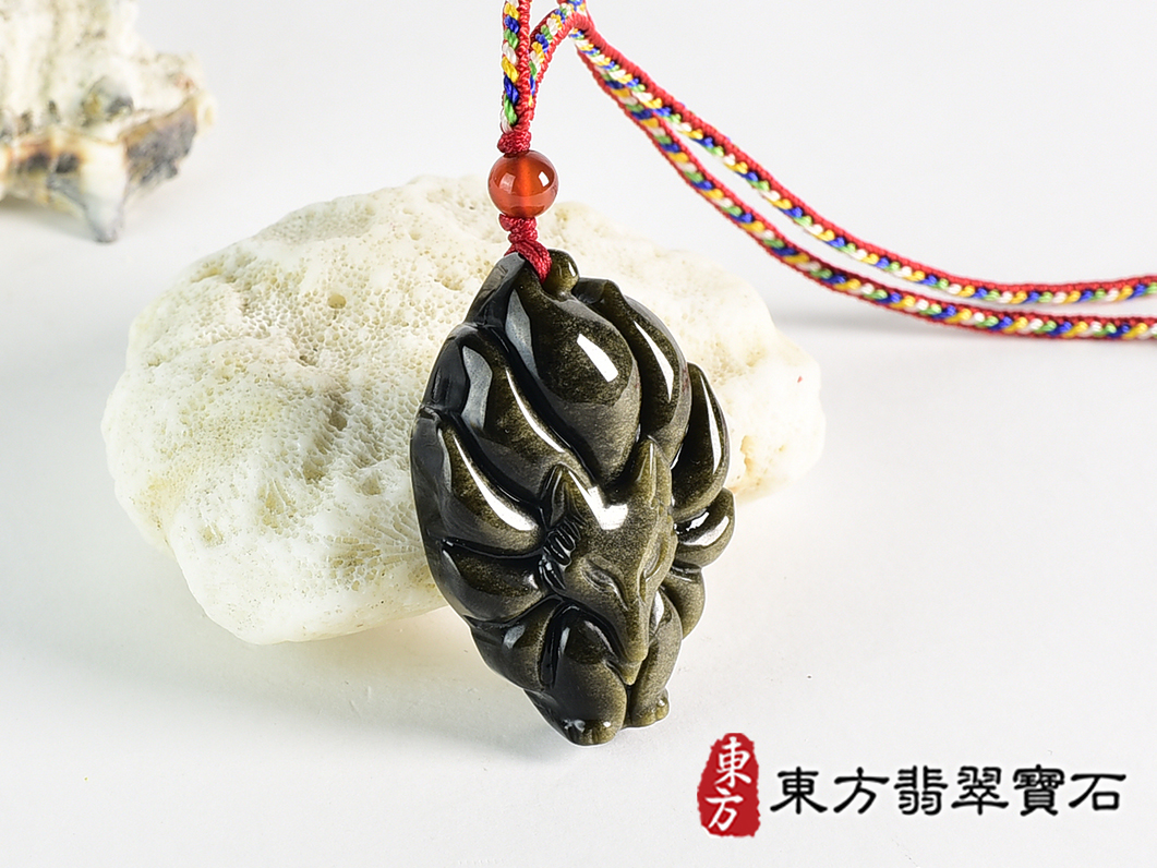 金曜石九尾狐狸項鍊玉珮(九尾狐狸、招財、人緣、桃花,狐仙:九尾狐狸牌金曜石九尾狐狸玉珮、金曜石九尾狐狸玉墜、)。金曜石九尾狐狸,FX084。客製化訂做各種金曜石狐狸吊墜玉珮項鍊。★附東方翡翠寶石保證 2.jpg