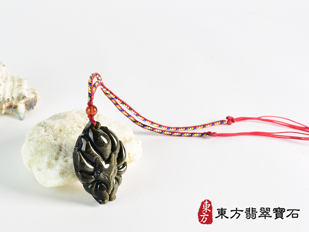 金曜石九尾狐狸項鍊玉珮(九尾狐狸、招財、人緣、桃花,狐仙:九尾狐狸牌金曜石九尾狐狸玉珮、金曜石九尾狐狸玉墜、)。金曜石九尾狐狸,FX084。客製化訂做各種金曜石狐狸吊墜玉珮項鍊。★附東方翡翠寶石保證 4.jpg
