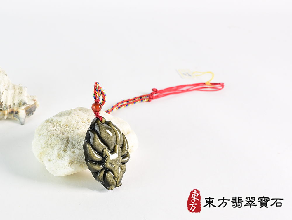 金曜石九尾狐狸項鍊玉珮(九尾狐狸、招財、人緣、桃花,狐仙:九尾狐狸牌金曜石九尾狐狸玉珮、金曜石九尾狐狸玉墜、)。金曜石九尾狐狸,FX085。客製化訂做各種金曜石狐狸吊墜玉珮項鍊。★附東方翡翠寶石保證 4.jpg