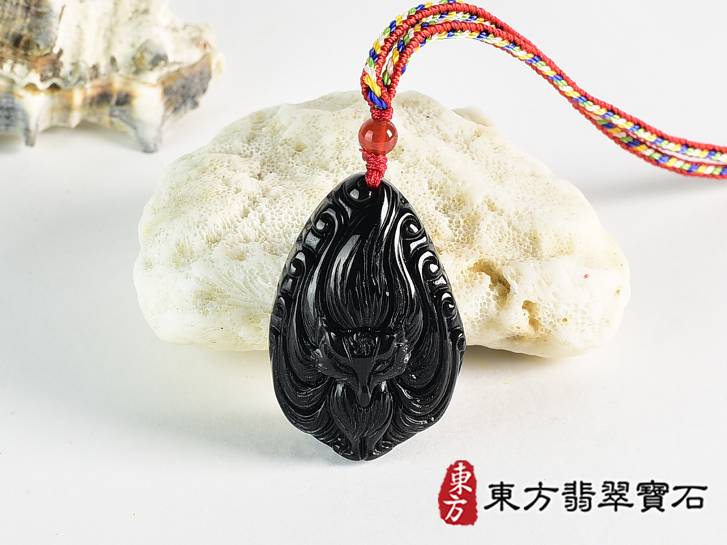 黑曜石九尾狐狸項鍊玉珮(九尾狐狸、招財、人緣、桃花,狐仙:九尾狐狸牌黑曜石九尾狐狸玉珮、黑曜石九尾狐狸玉墜、)。黑曜石九尾狐狸,FX091。客製化訂做各種黑曜石狐狸吊墜玉珮項鍊。★附東方翡翠寶石保證 0.jpg