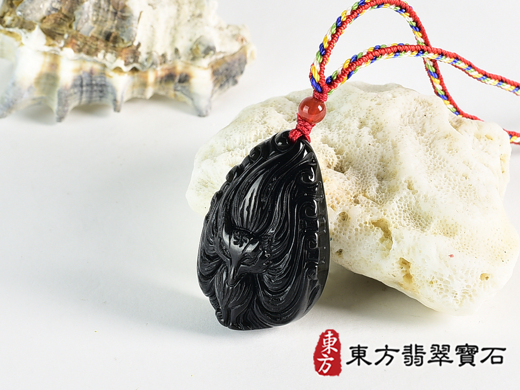 黑曜石九尾狐狸項鍊玉珮(九尾狐狸、招財、人緣、桃花,狐仙:九尾狐狸牌黑曜石九尾狐狸玉珮、黑曜石九尾狐狸玉墜、)。黑曜石九尾狐狸,FX091。客製化訂做各種黑曜石狐狸吊墜玉珮項鍊。★附東方翡翠寶石保證 1.jpg
